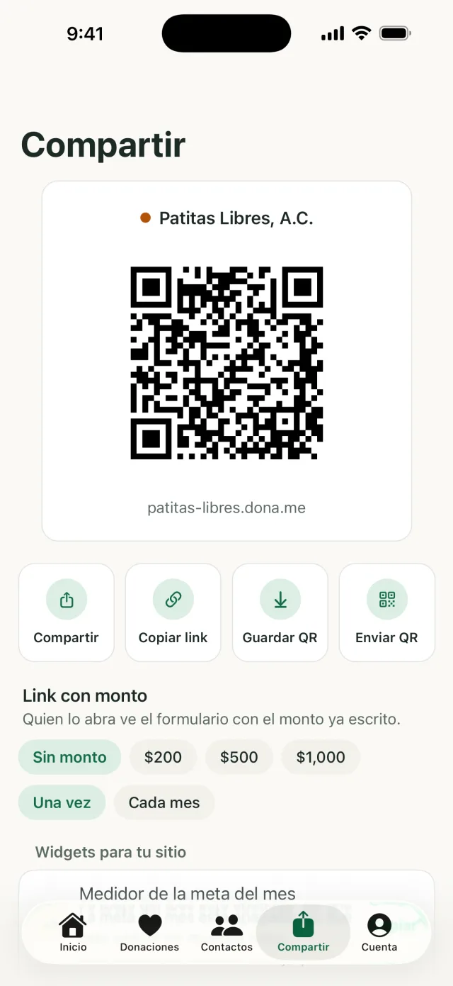 Compartir en la app con el enlace de la causa y su QR