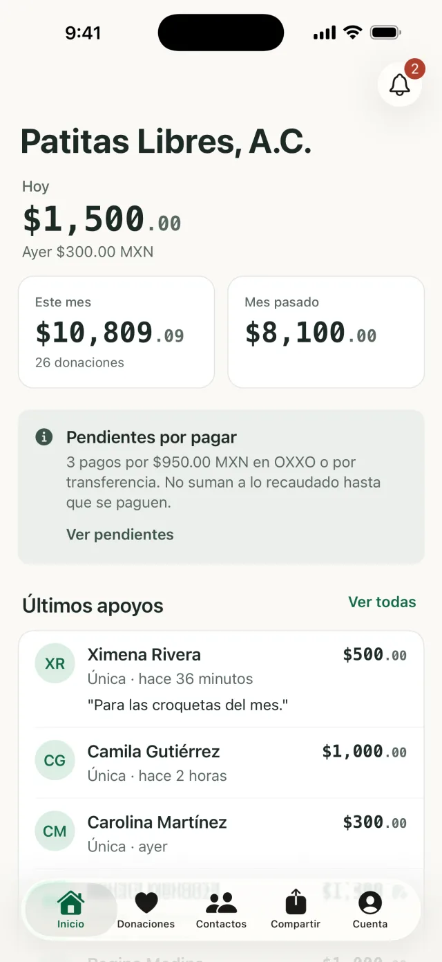 Inicio de la app con lo recibido hoy y este mes y los últimos apoyos