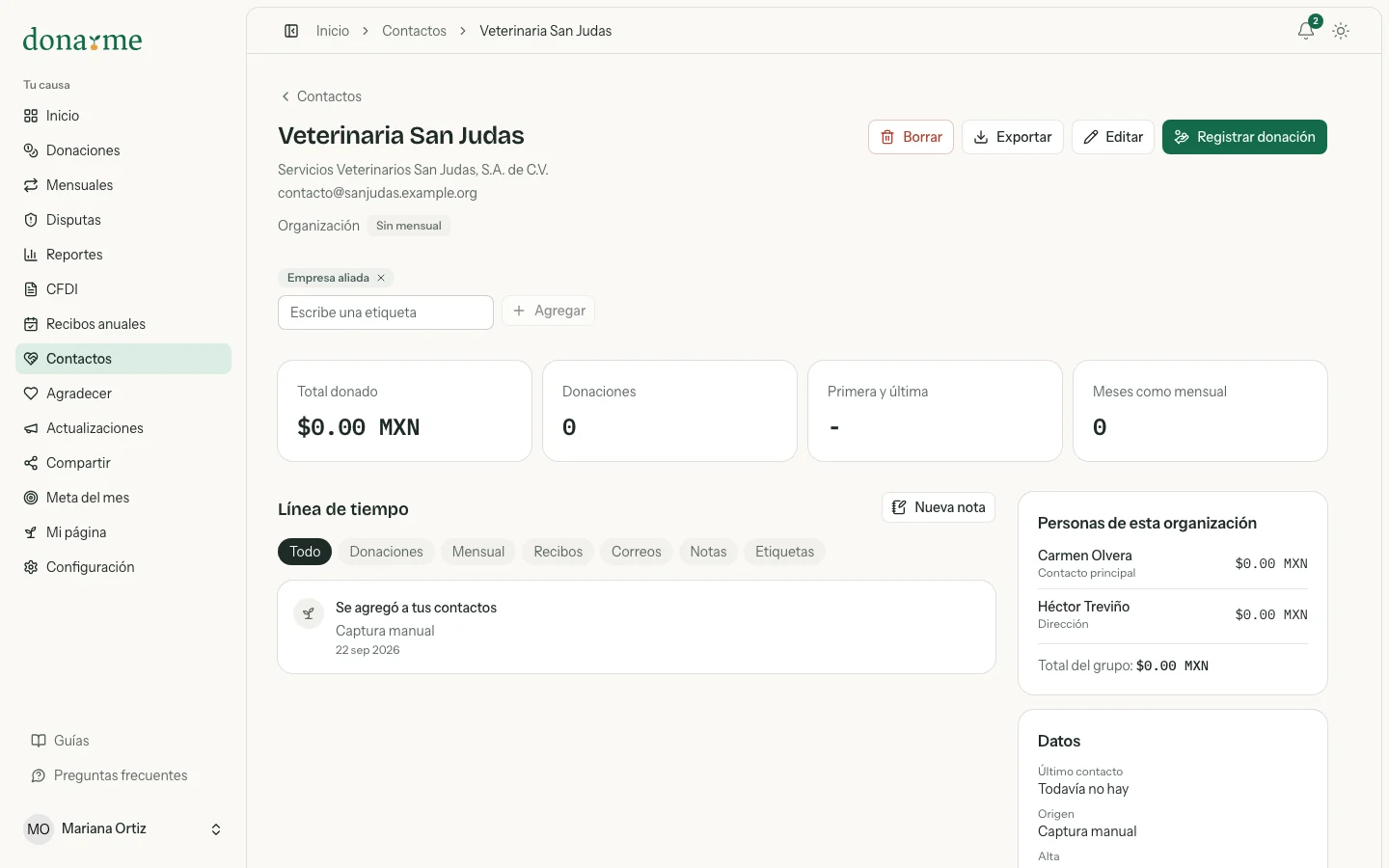 Perfil de una organización con sus datos fiscales y sus donativos