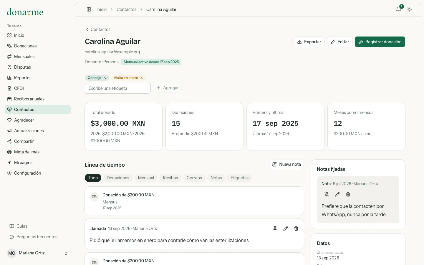 Perfil de un contacto con su total donado, sus etiquetas, la línea de tiempo y las notas fijadas