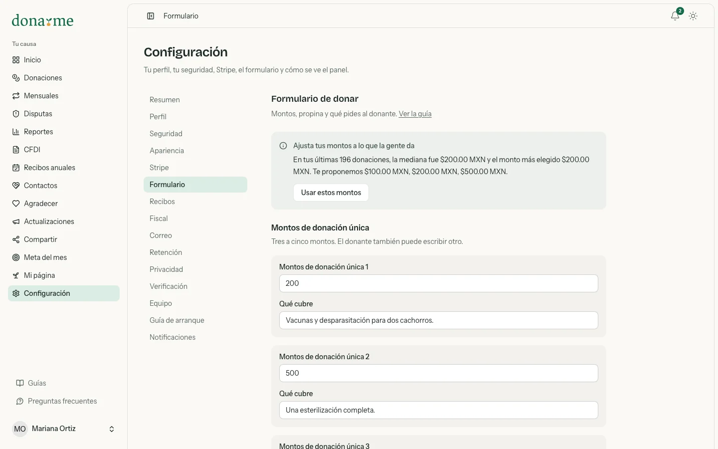 Configuración del formulario: montos de donación única con lo que cubre cada uno