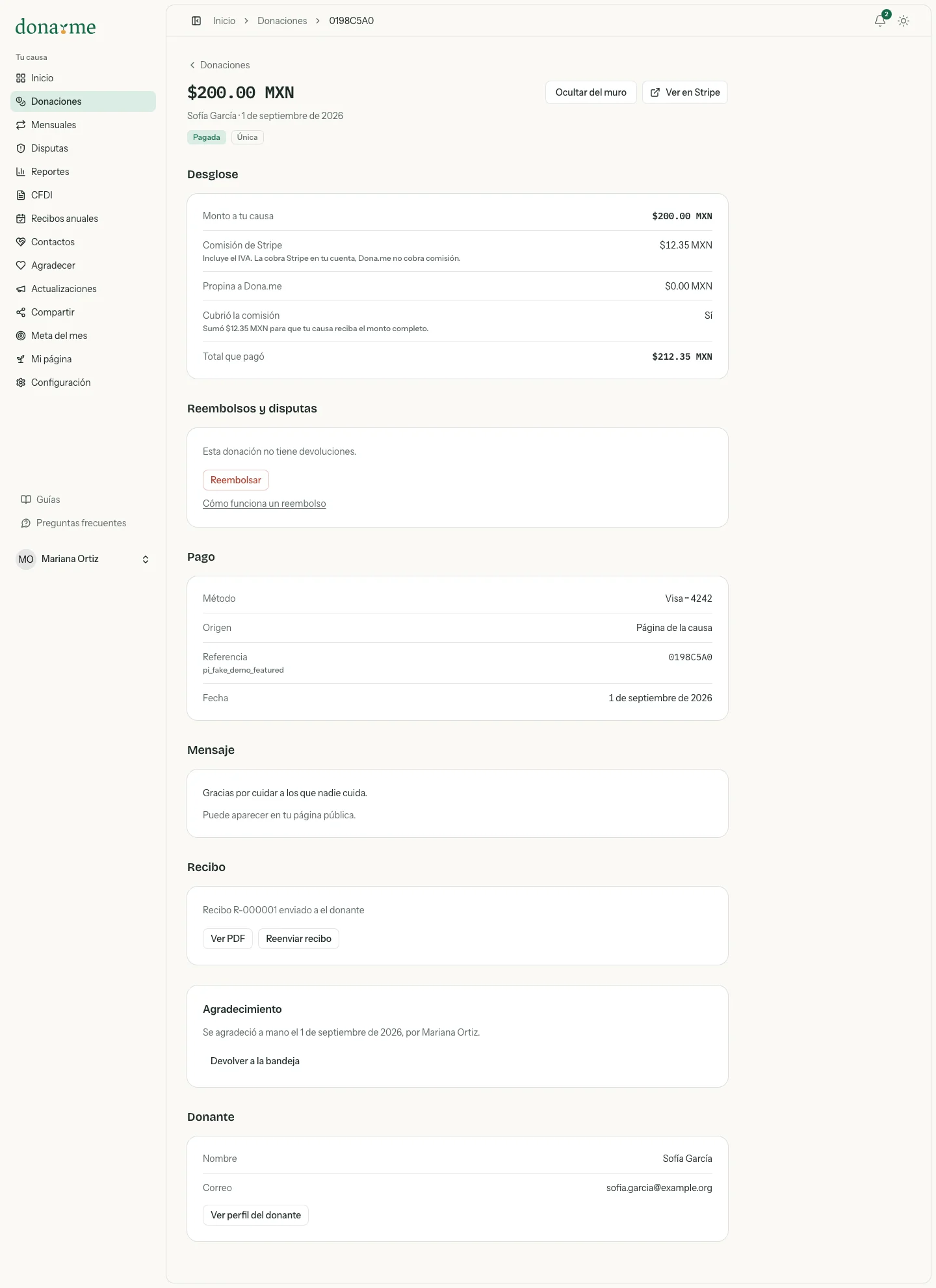 Detalle de una donación con la sección Recibo y los botones Ver PDF y Reenviar recibo