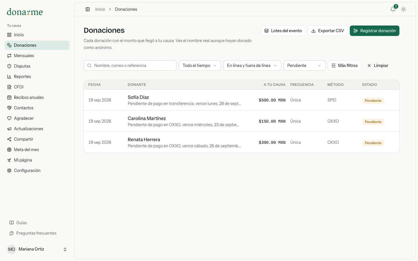 Lista de donaciones filtrada por Pendiente, con pagos por OXXO y por transferencia