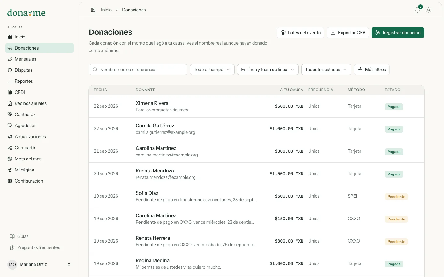 Lista de donaciones con las columnas Fecha, Donante, A tu causa, Frecuencia, Método y Estado