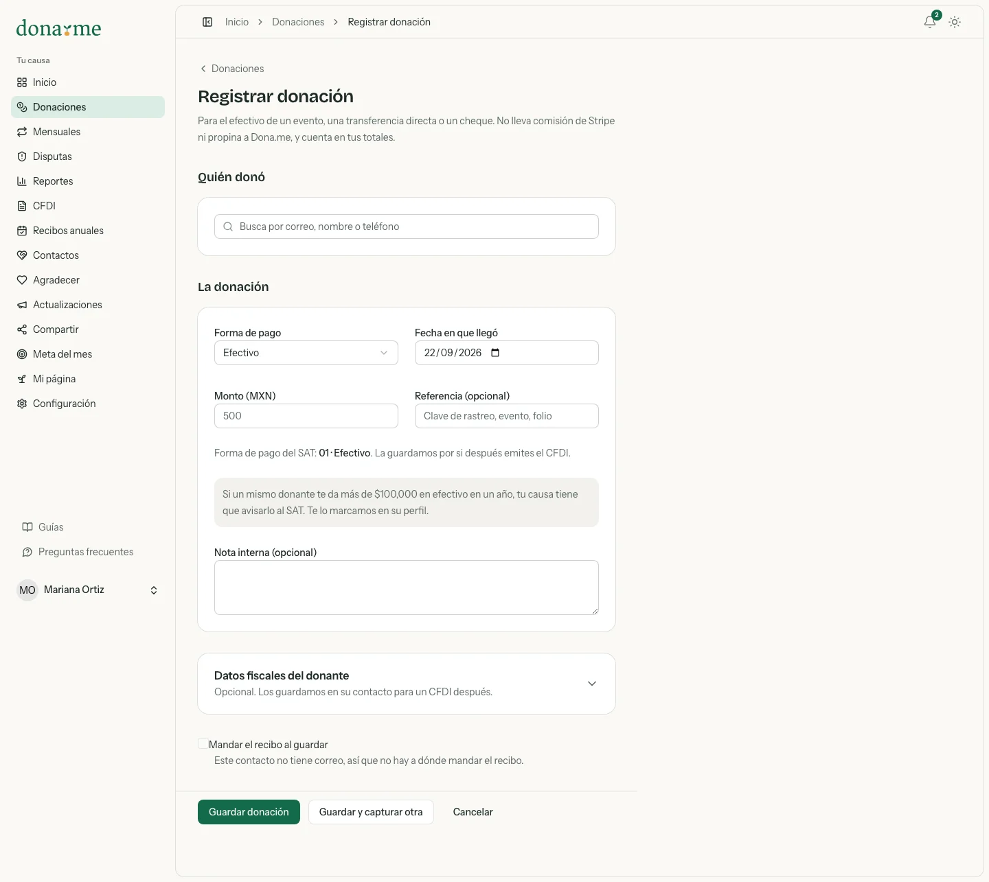 Pantalla Registrar donación con las secciones Quién donó y La donación, la forma de pago, la fecha, el monto y la forma de pago del SAT