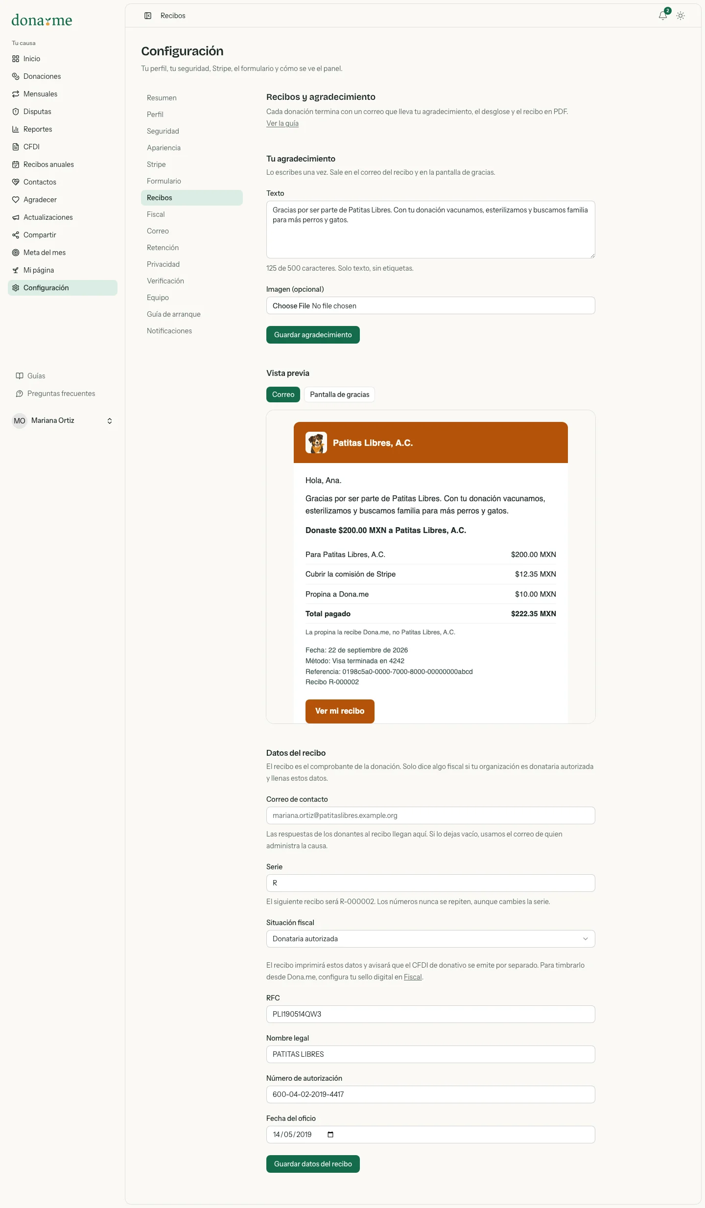 Configuración, Recibos, con el texto del agradecimiento, la vista previa del correo y los datos del recibo