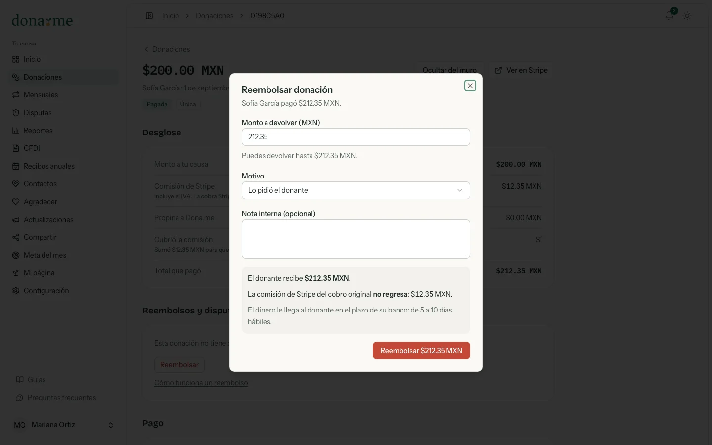 Diálogo de reembolso de una donación