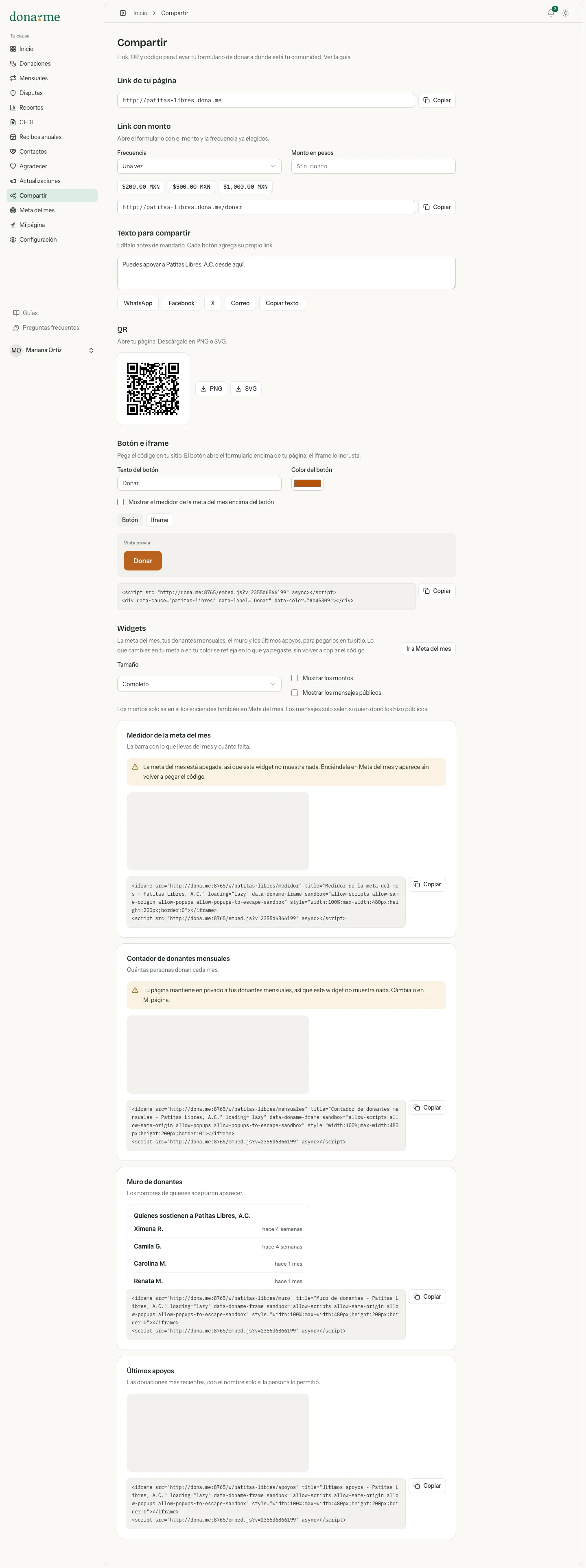 Pantalla Compartir con el enlace de la página, el enlace con monto, el texto para compartir, el QR y el código del botón