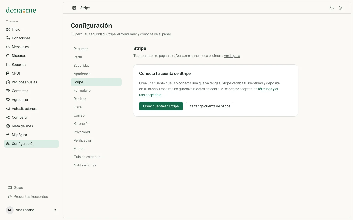 Pantalla de Stripe en Configuración antes de conectar, con el botón Crear cuenta en Stripe