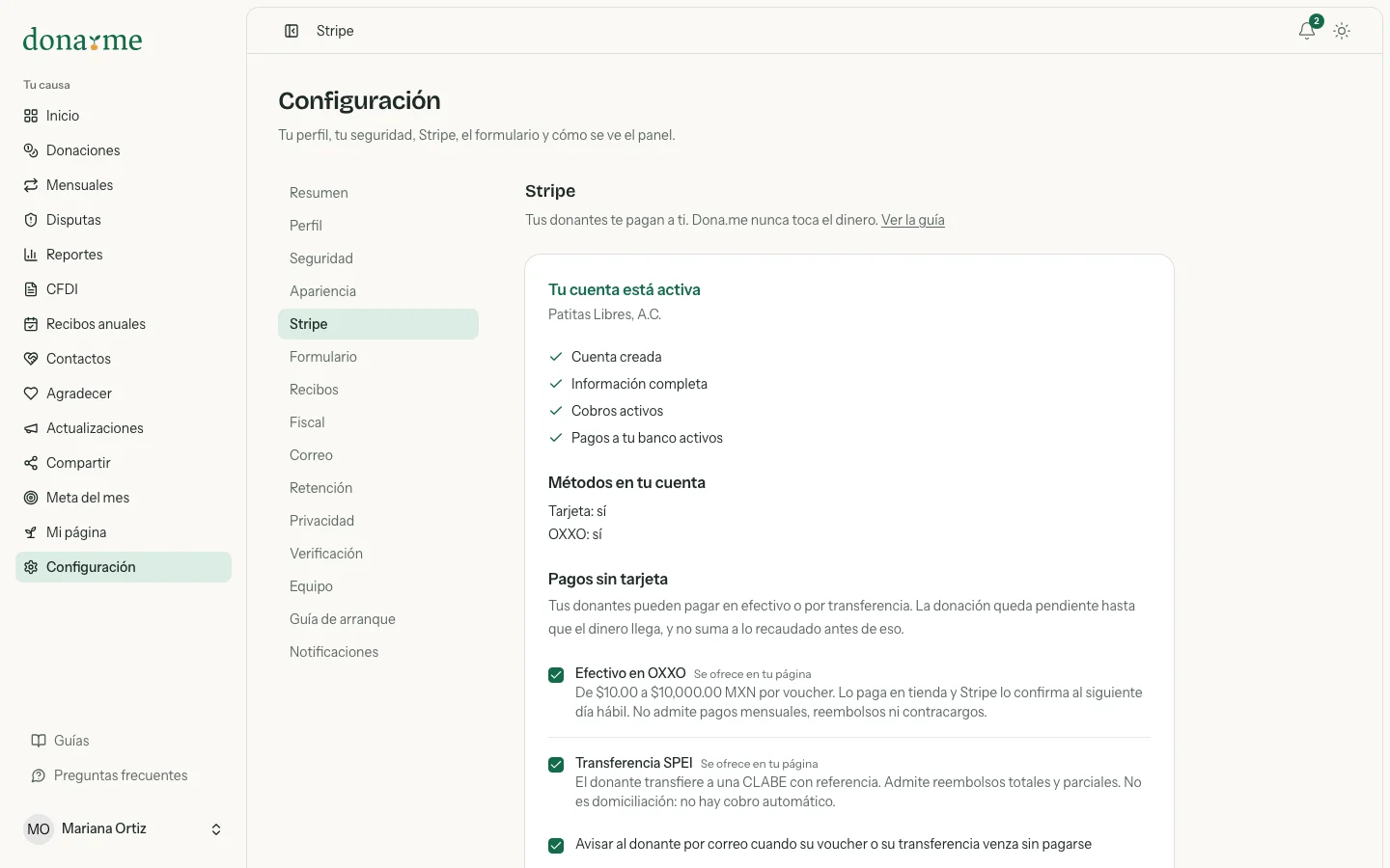 Configuración de Stripe con la cuenta activa y la sección Pagos sin tarjeta