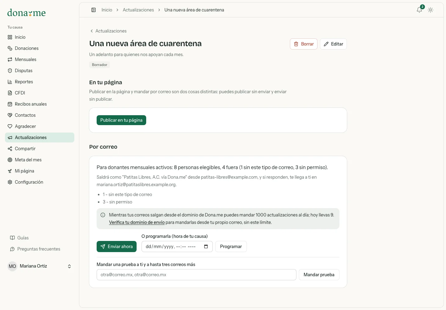 Borrador con el conteo de destinatarios, el remitente, el envío programado y la prueba