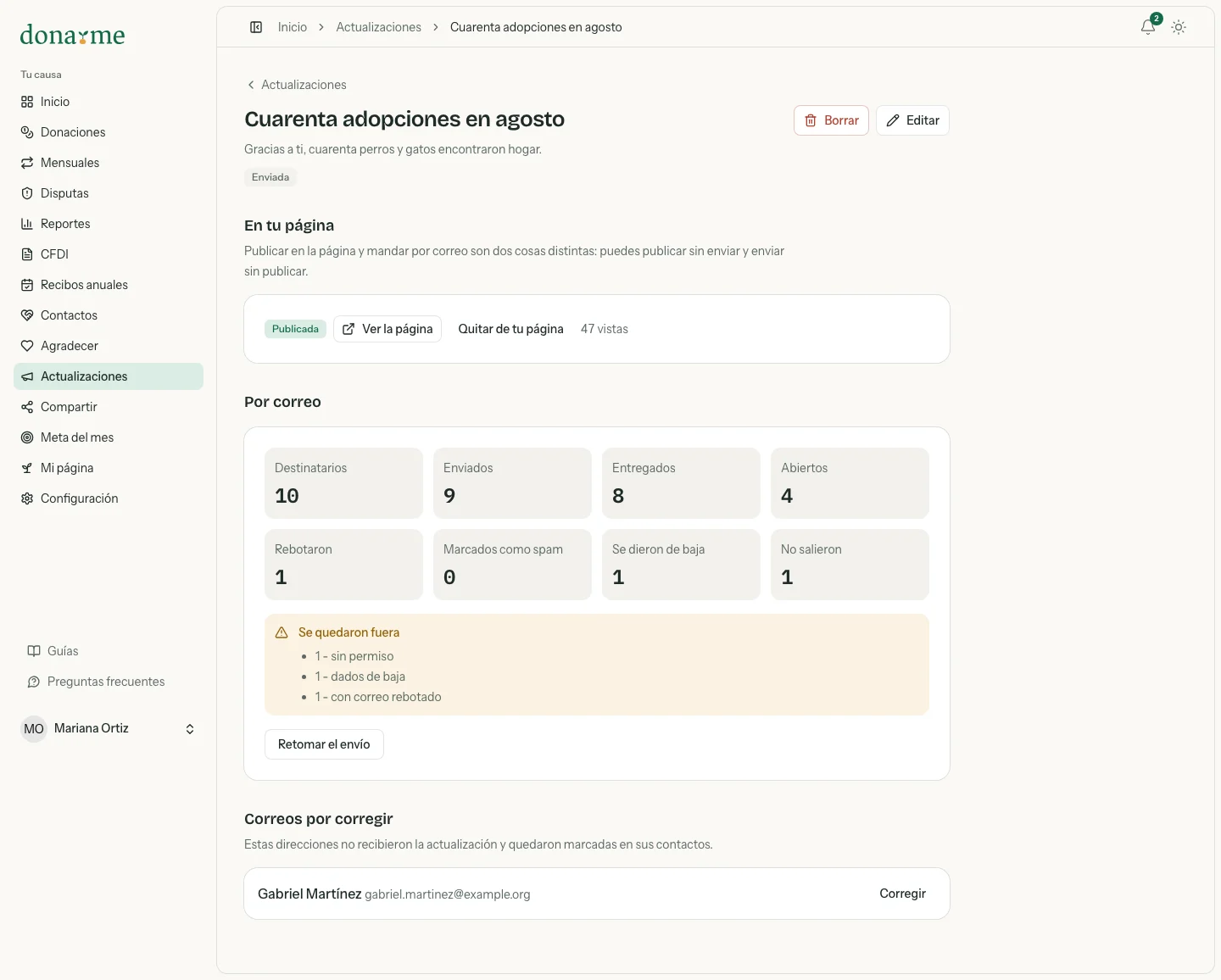 Actualización enviada, con su estado en la página y los números del envío por correo