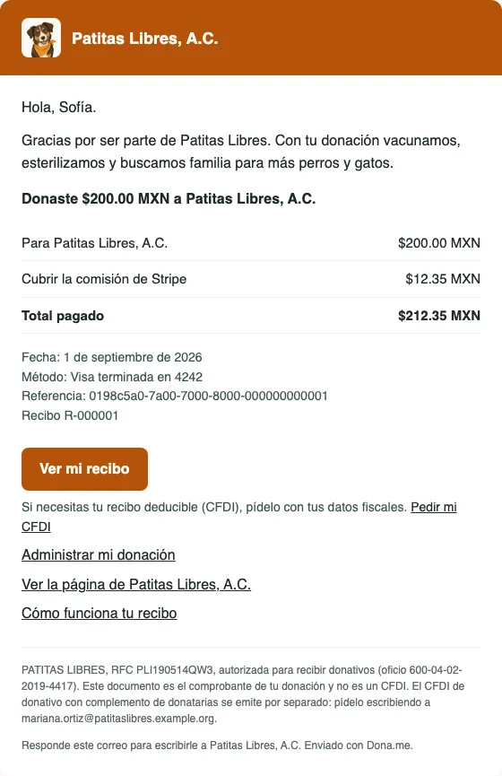 Correo del recibo de una donación con el agradecimiento de la causa, el desglose y el botón Ver mi recibo