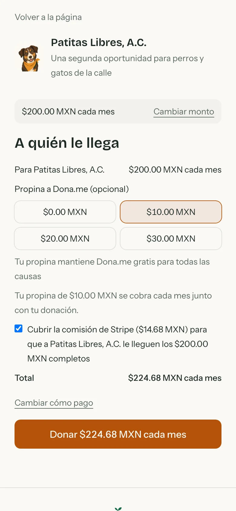 Paso A quién le llega del formulario, con el monto para la causa, la propina, la casilla de cubrir la comisión y el total
